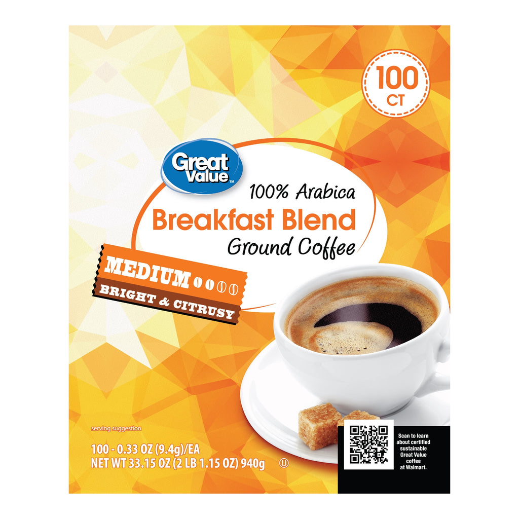 Great Value 100% Arabica Colombian Medium Dark Roast Ground Coffee Pods, 33.1 oz, 100 Count