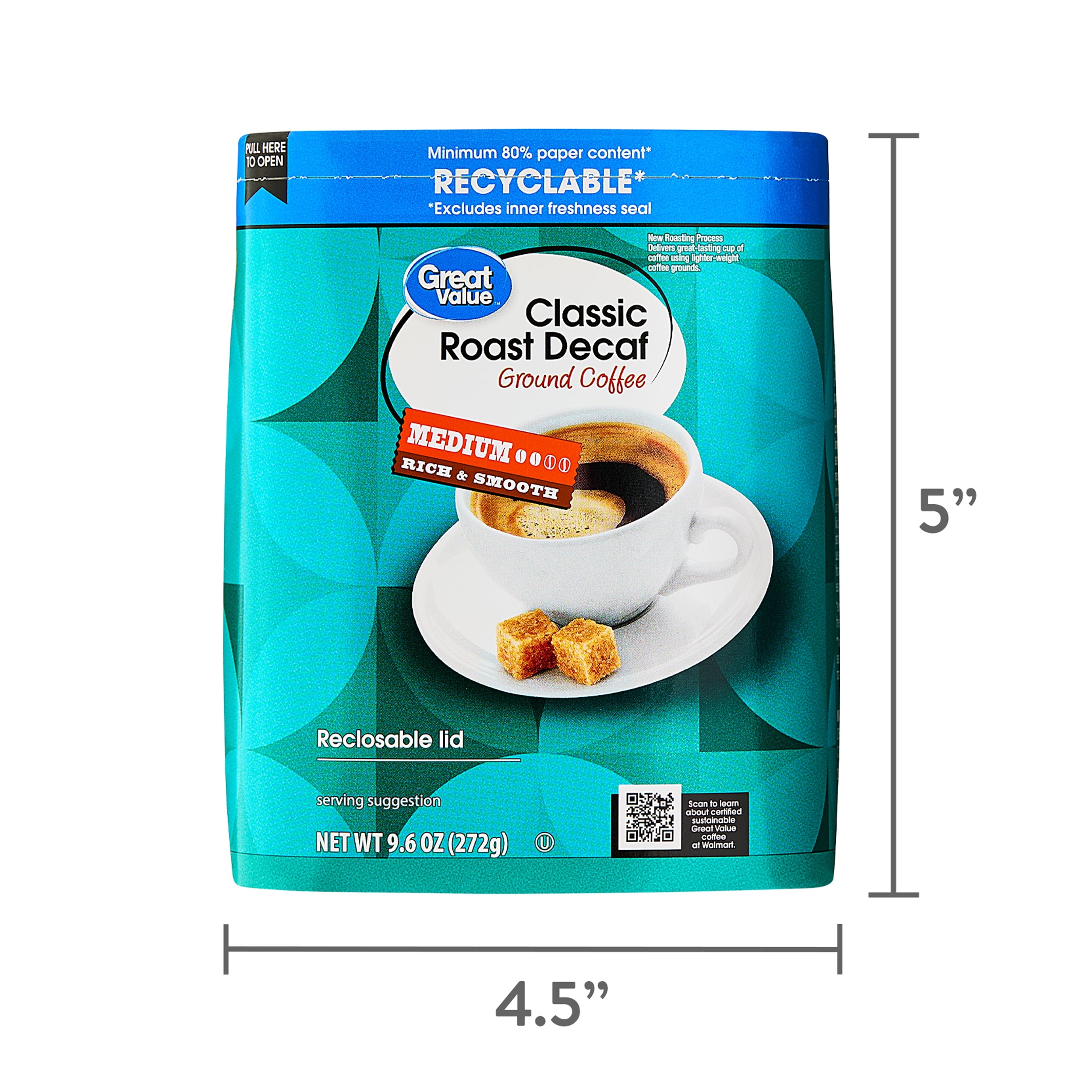 (6 pack) Great Value Classic Decaf Medium Roast Ground Coffee, 9.6 oz