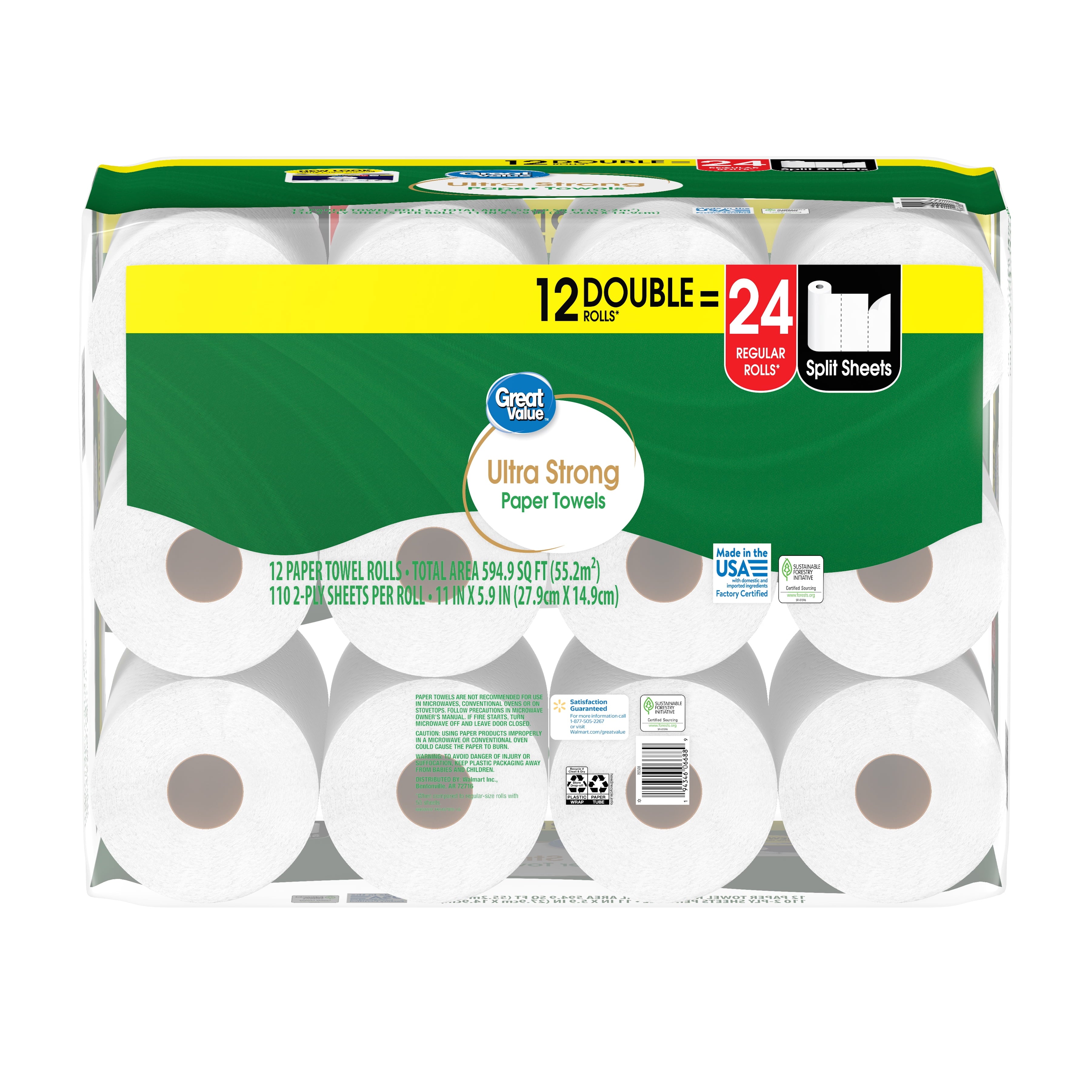 Great Value Ultra Strong Paper Towels, White, 12 Double Rolls, 1320 Sheets