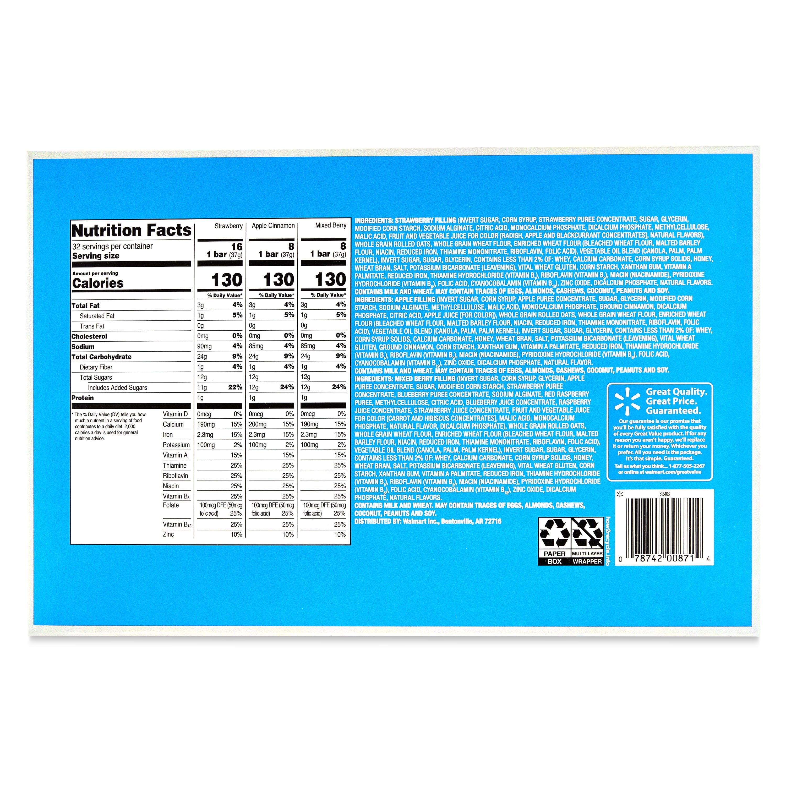 Great Value Fruit & Grain Cereal Bars, Variety Pack, 1.3 oz, 32 Count