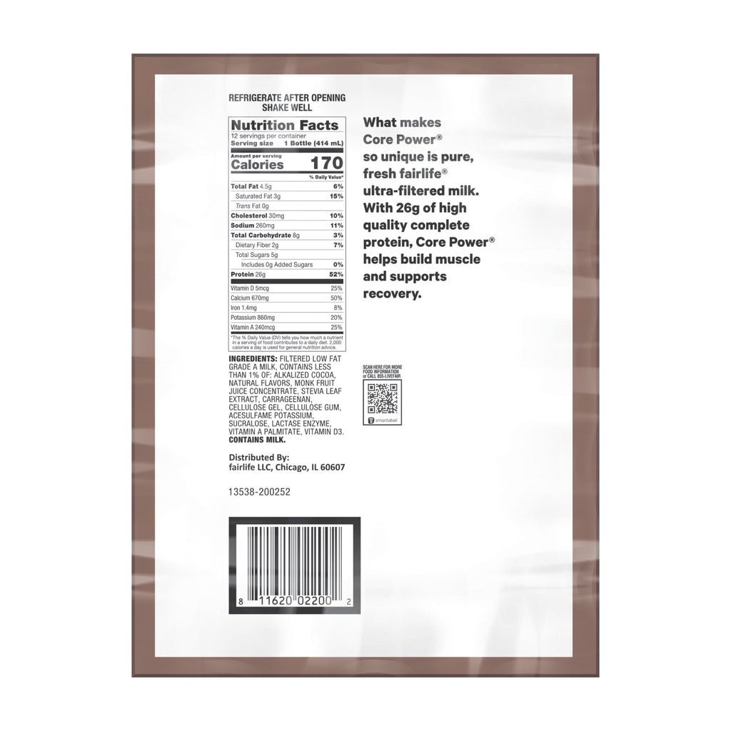 Core Power Protein Shake, Chocolate, 26g Bottle, 14oz, 12 Pack