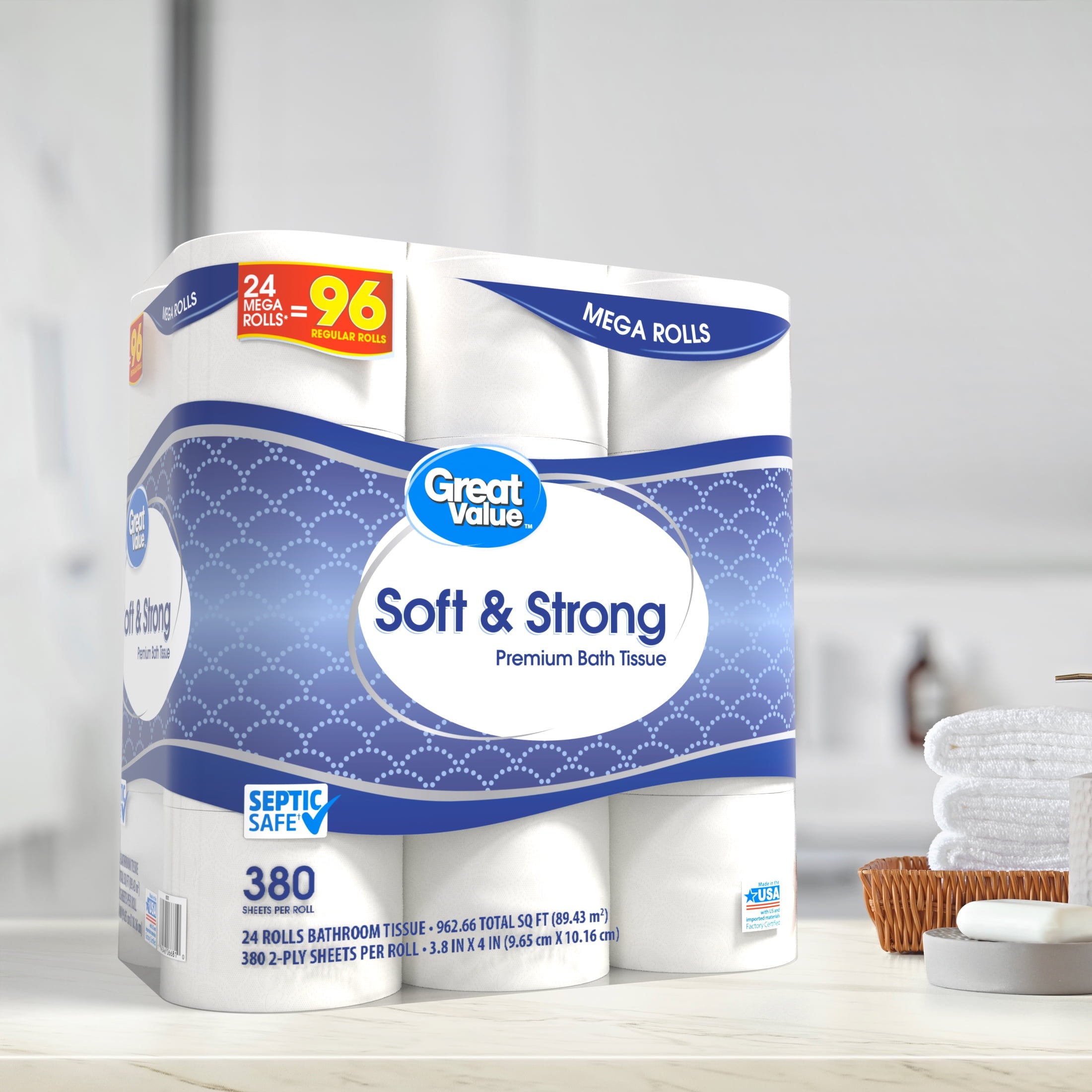 Great Value Soft & Strong Toilet Paper, 12 Mega Rolls, 380 Sheets per Roll
