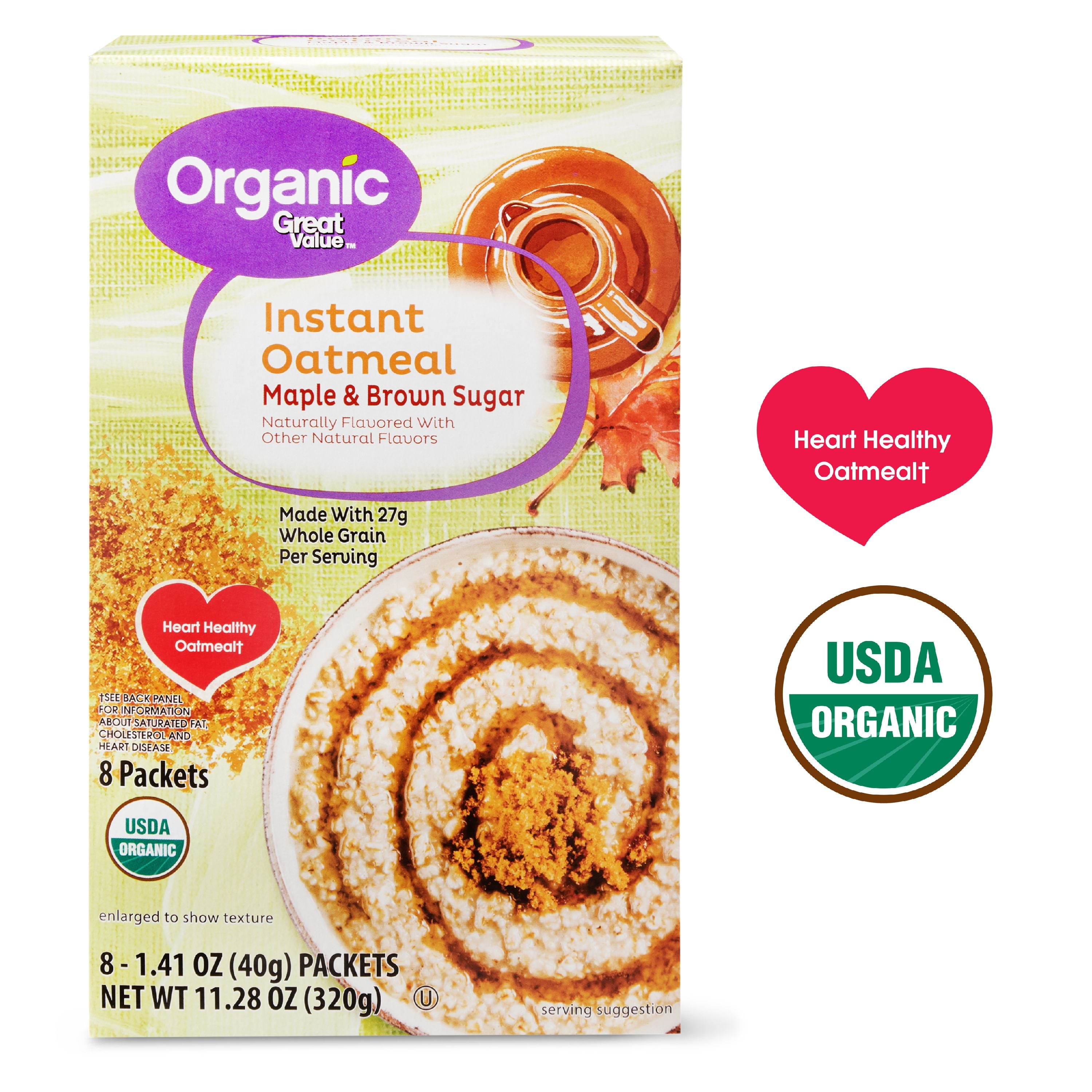 (3 pack) Great Value Organic Maple & Brown Sugar Instant Oatmeal, 1.41 oz, 8 Count