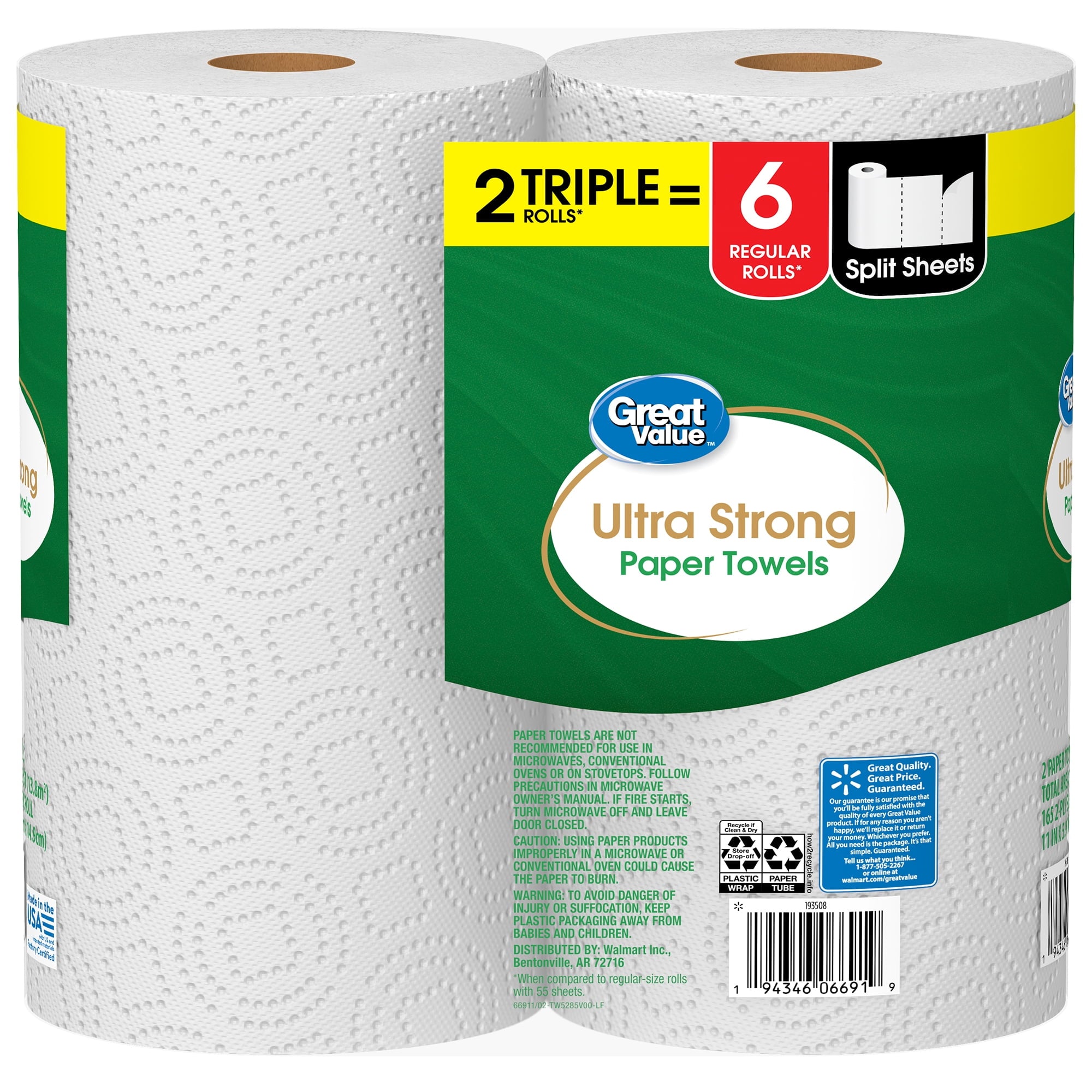 Great Value Ultra Strong Paper Towels, 6 Triple Rolls