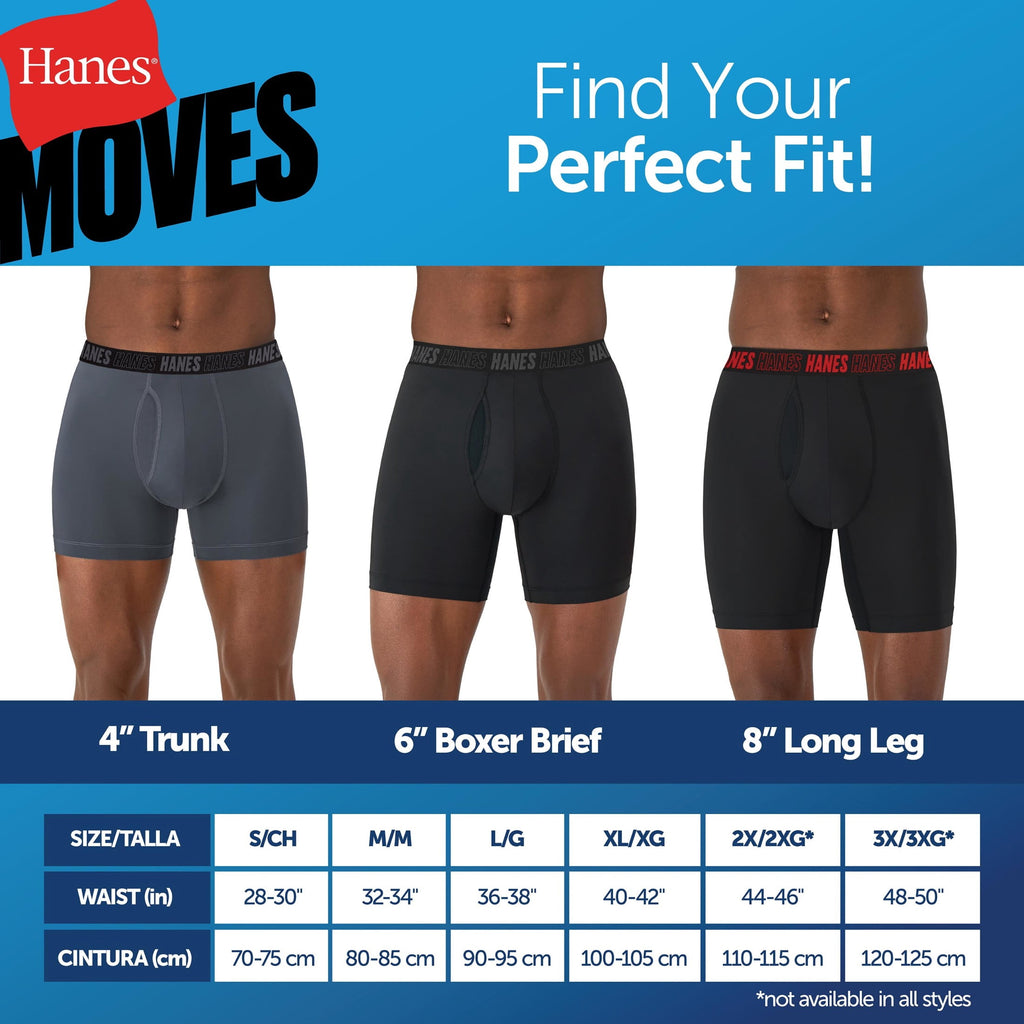 Hanes Mens Underwear Long Leg Boxer Briefs, 3-Pack, Moves Anti-Chafe with Total Support Pouch