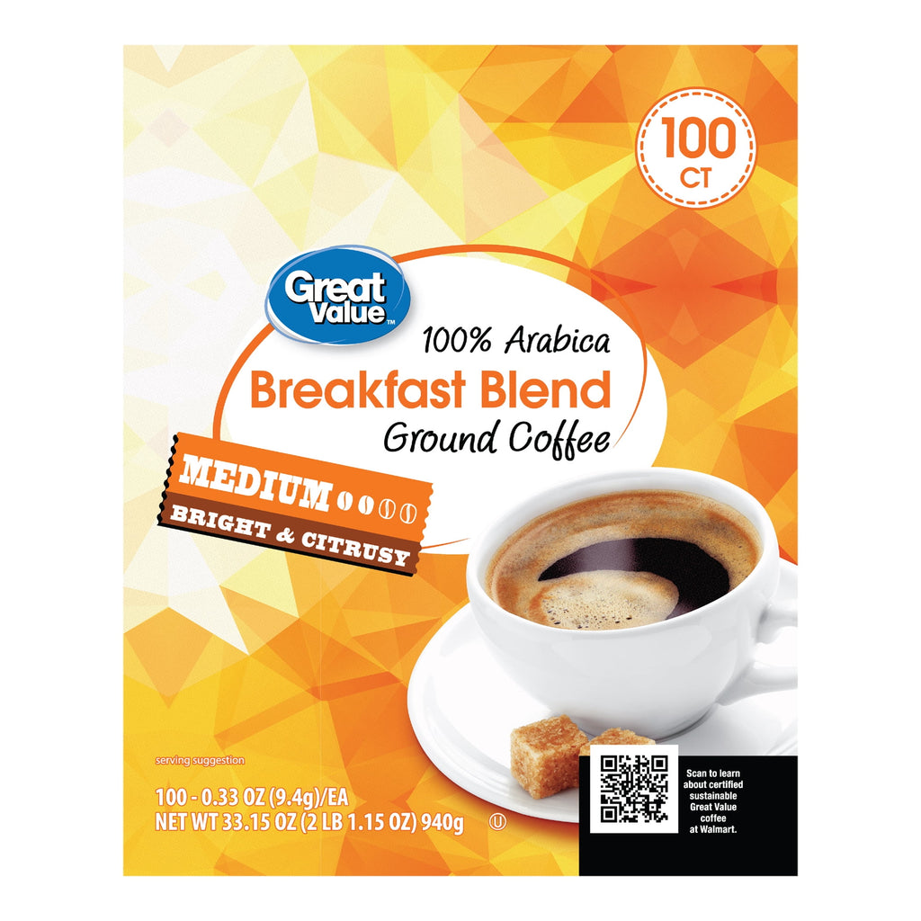Great Value 100% Arabica Colombian Medium Dark Roast Ground Coffee Pods, 33.1 oz, 100 Count