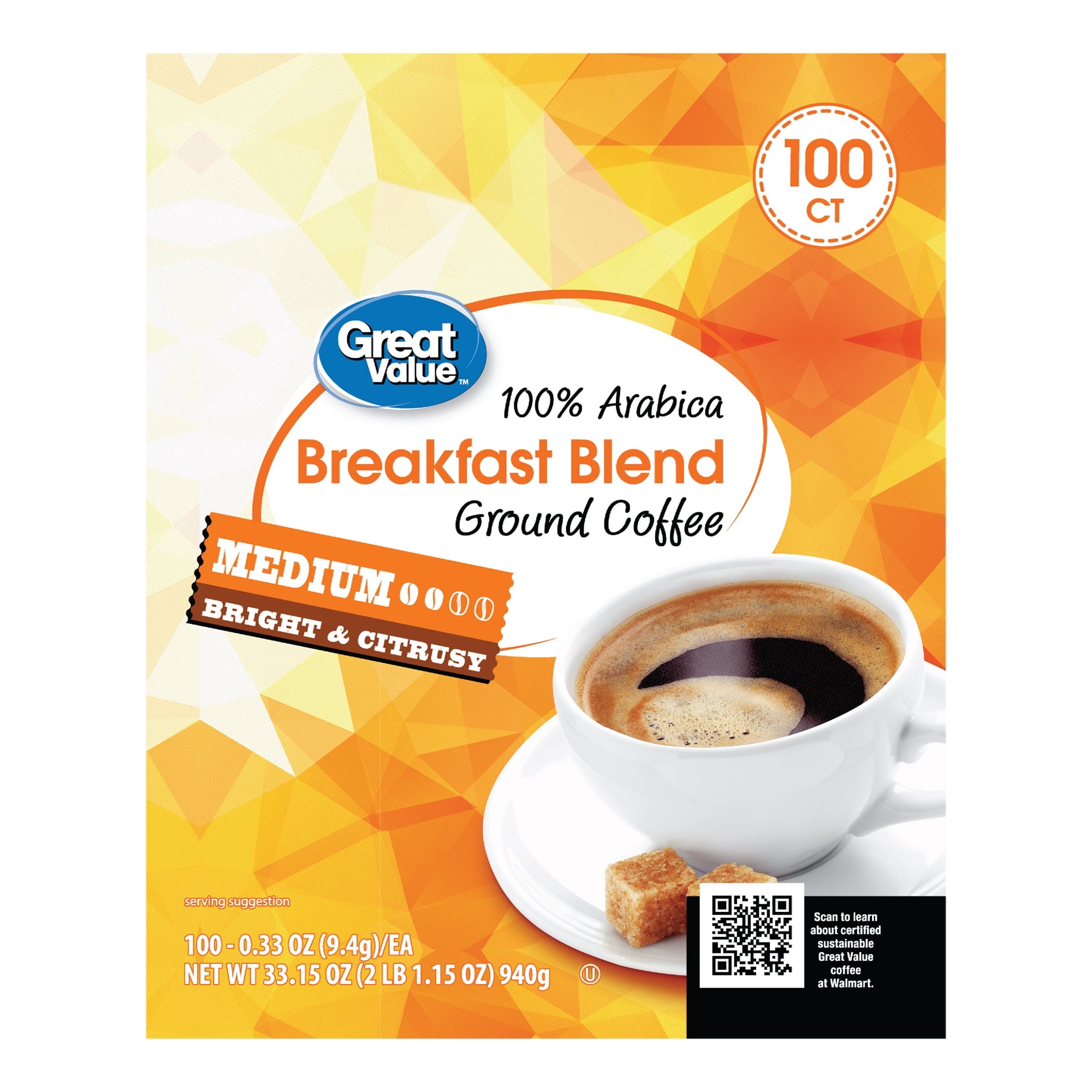 Great Value 100% Arabica Colombian Medium Dark Roast Ground Coffee Pods, 33.1 oz, 100 Count