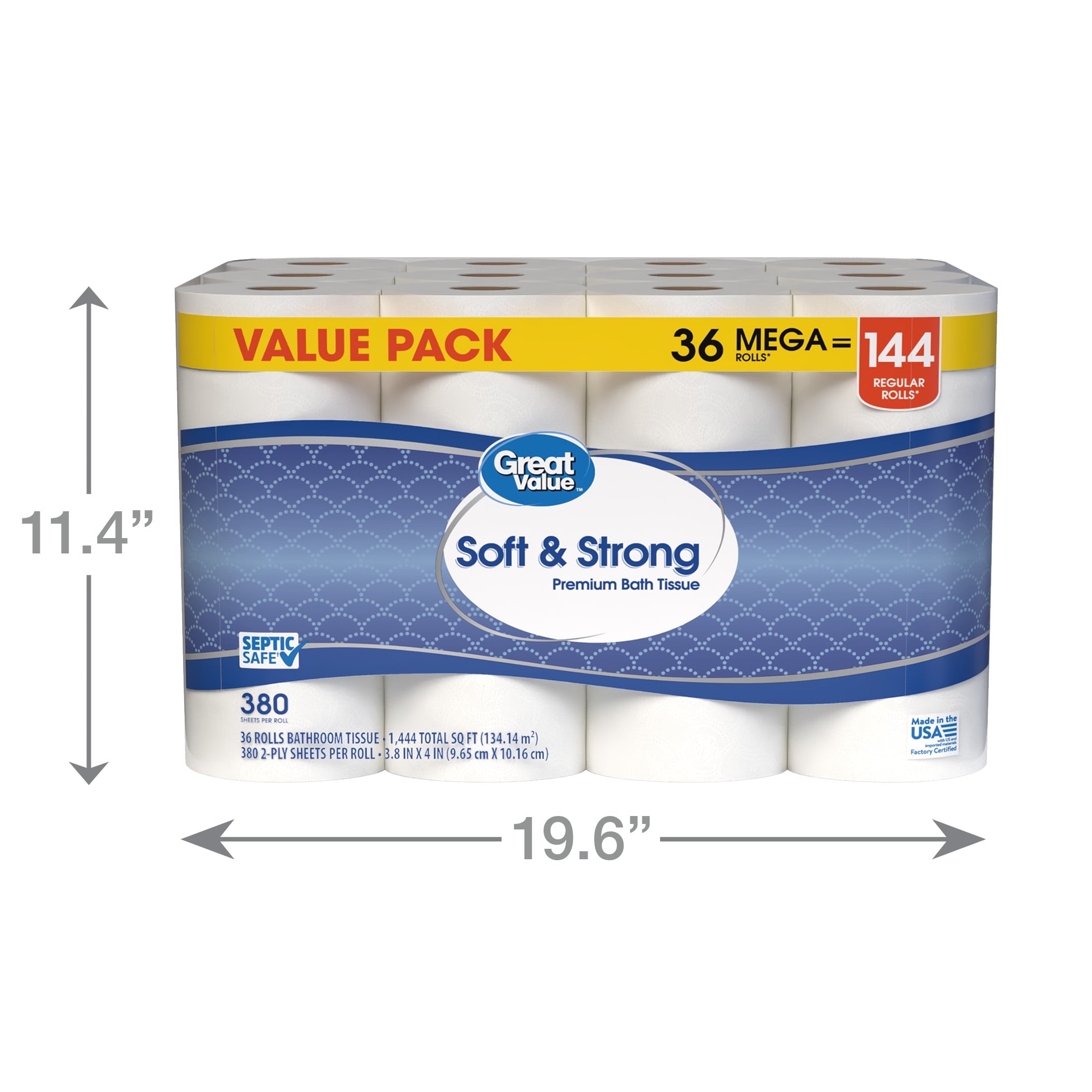 Great Value Soft & Strong Toilet Paper, 12 Mega Rolls, 380 Sheets per Roll