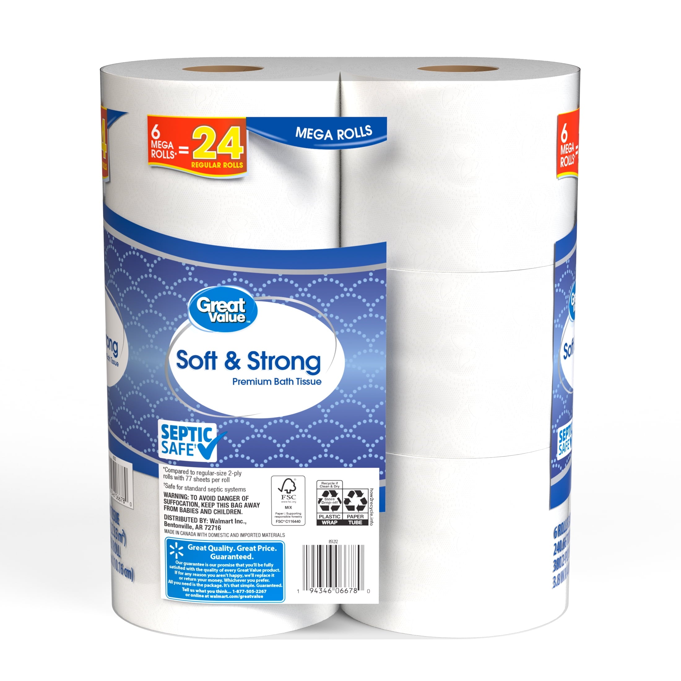 Great Value Soft & Strong Toilet Paper, 12 Mega Rolls, 380 Sheets per Roll