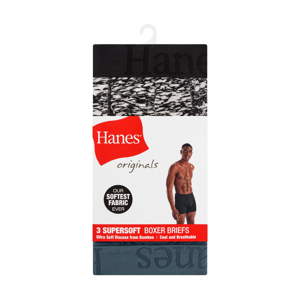Hanes Originals Men's SuperSoft Boxer Brief Underwear Pack, Black/Grey/Print, 3-Pack