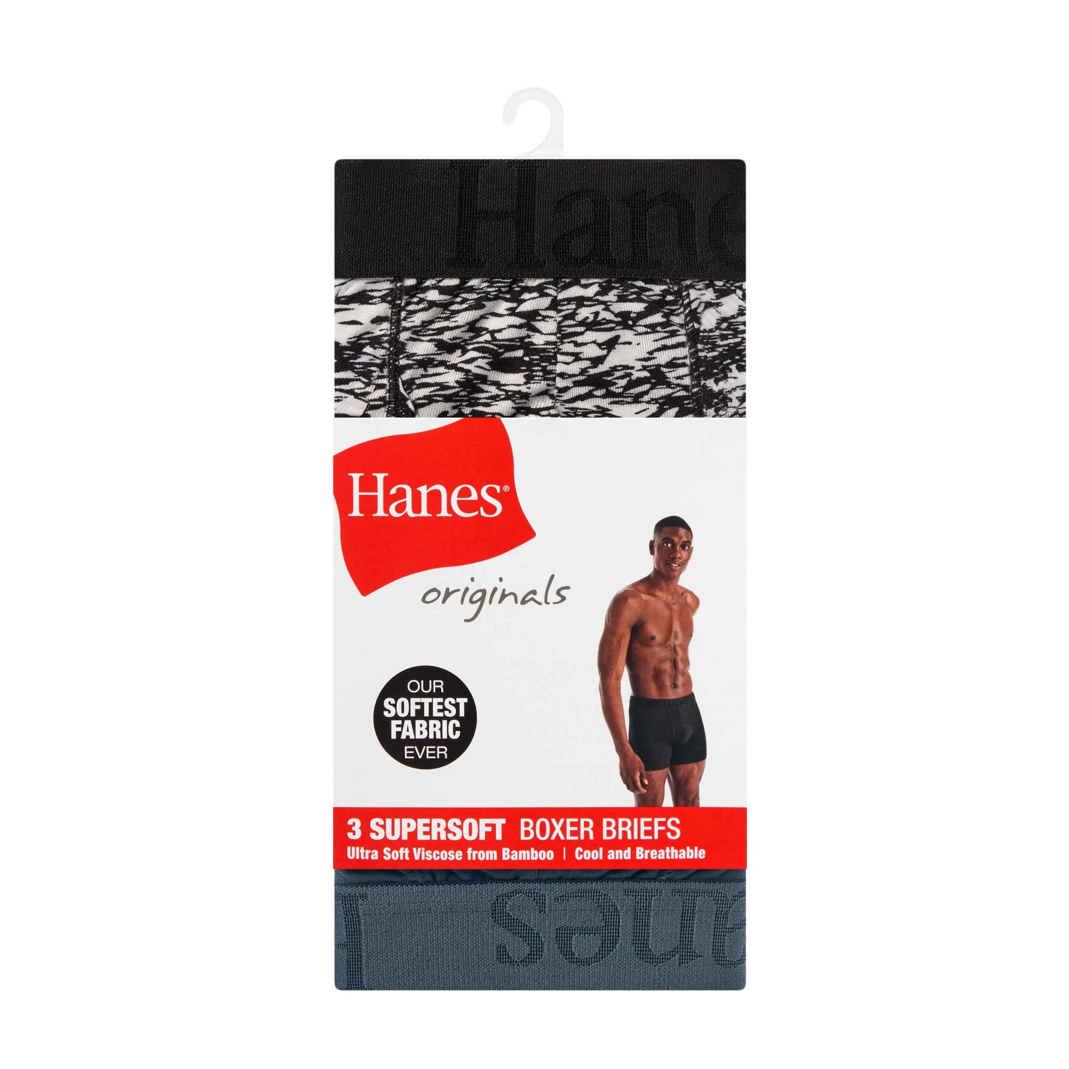 Hanes Originals Men's SuperSoft Boxer Brief Underwear Pack, Black/Grey/Print, 3-Pack