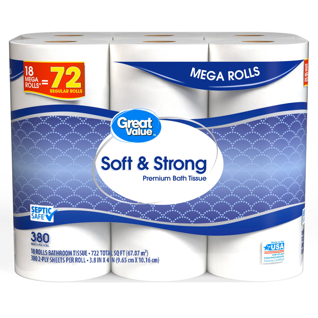 Great Value Soft & Strong Toilet Paper, 12 Mega Rolls, 380 Sheets per Roll