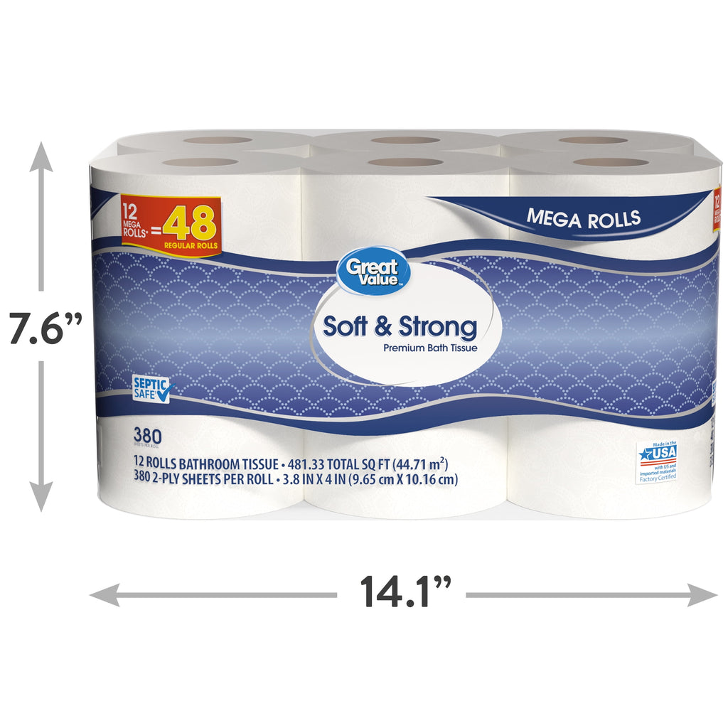 Great Value Soft & Strong Toilet Paper, 12 Mega Rolls, 380 Sheets per Roll