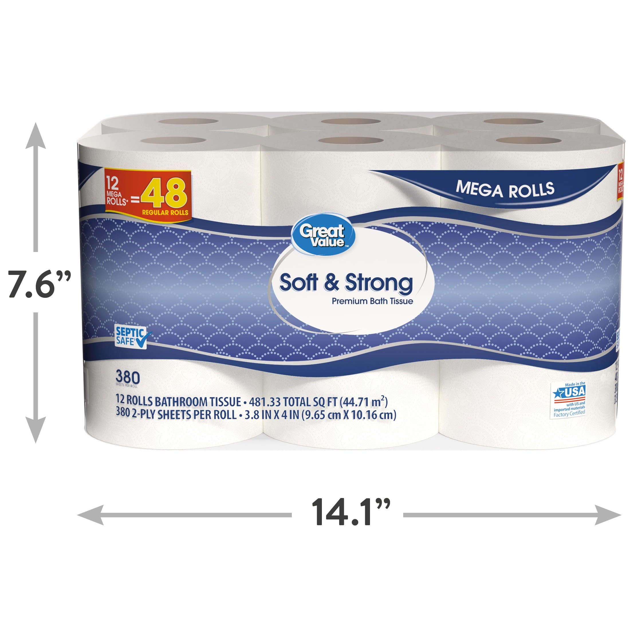 Great Value Soft & Strong Toilet Paper, 12 Mega Rolls, 380 Sheets per Roll