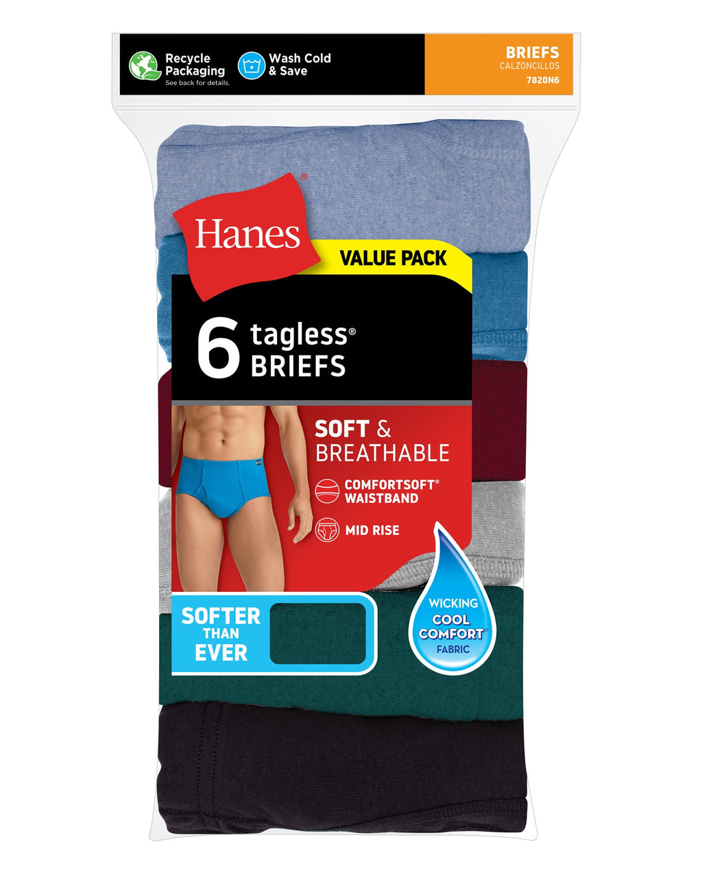Hanes Men's Underwear Briefs Pack, Mid-Rise, ComfortSoft Waistband, 6-Pack Assorted S