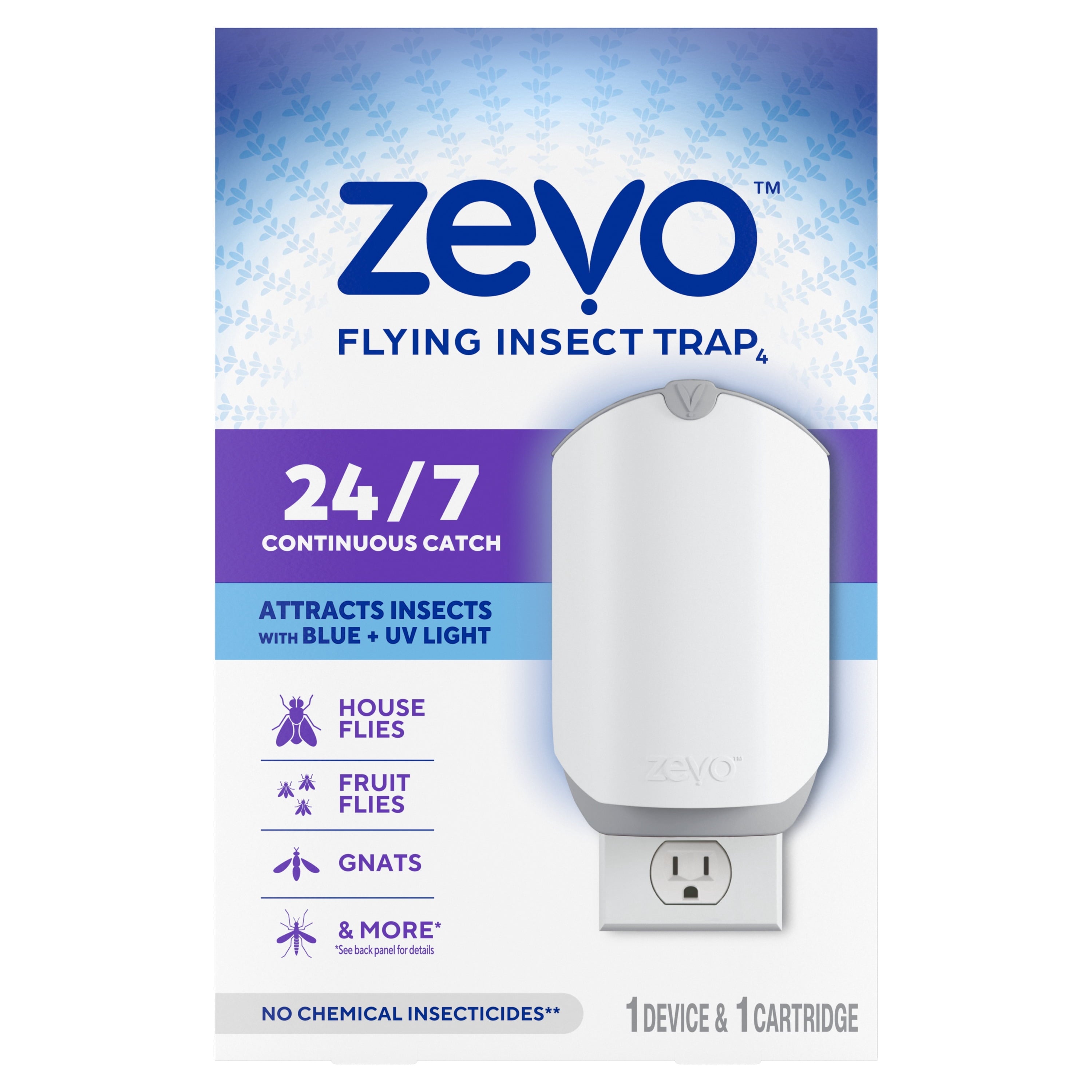 Zevo Flying Insect Indoor Fly Trap Full Size: Easy, Mess-Free Solution - Light Trap Catches & Kills House Flies, Fruit Flies, Gnats, & More (1 Plug in Device & 1 Cartridge)