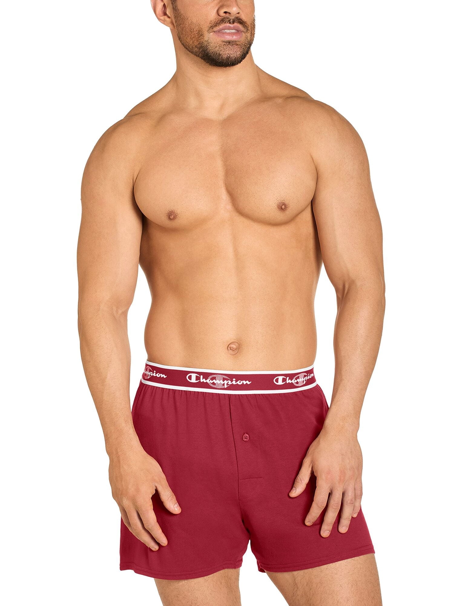 Champion Men’s Knit Boxers – 5 Pack Cotton Flex Underwear, Relaxed Fit with Button Fly, Sizes S–2XL