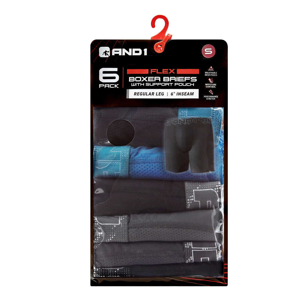 AND1 Men’s Underwear Flex Regular Leg Boxer Briefs, 6 Pack