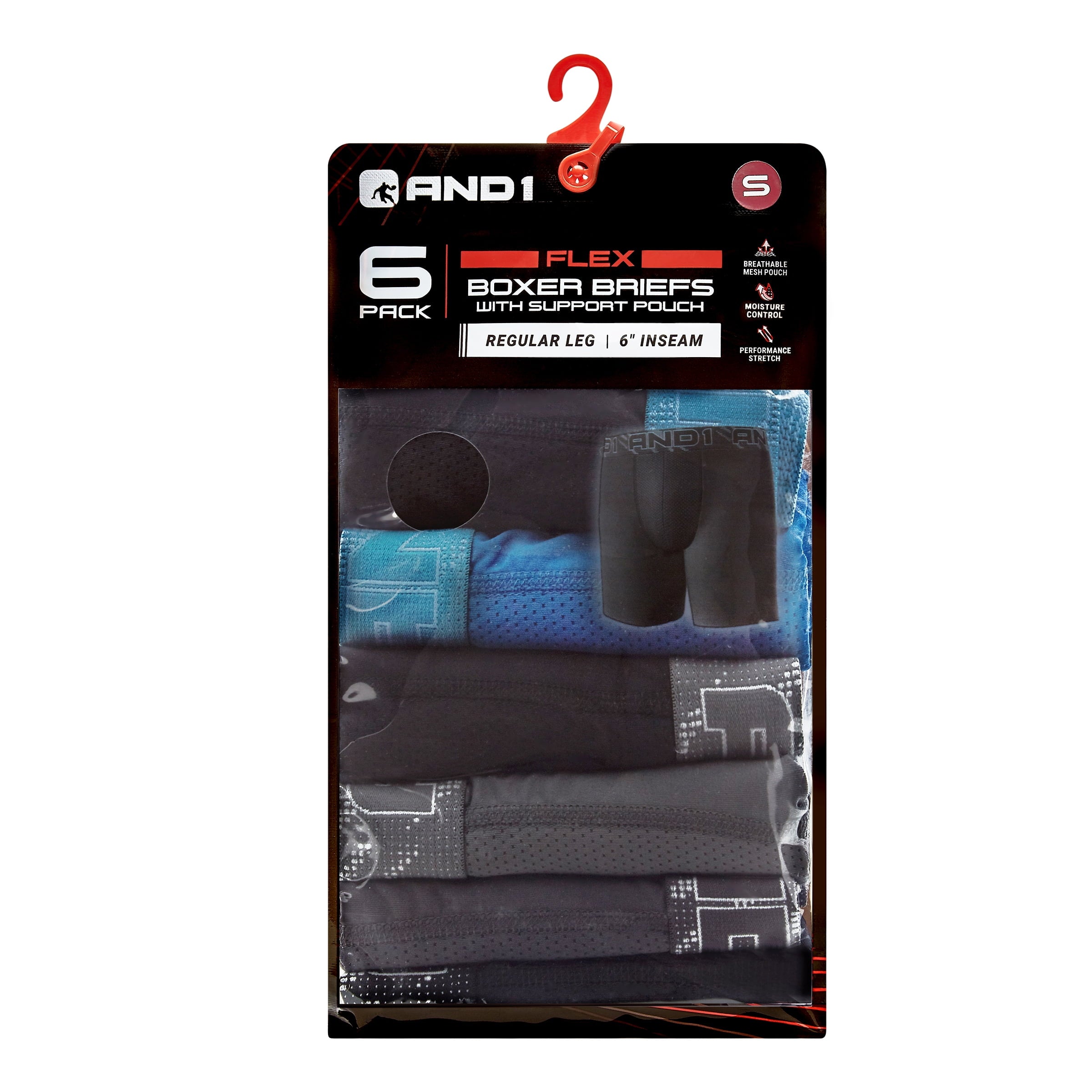 AND1 Men’s Underwear Flex Regular Leg Boxer Briefs, 6 Pack