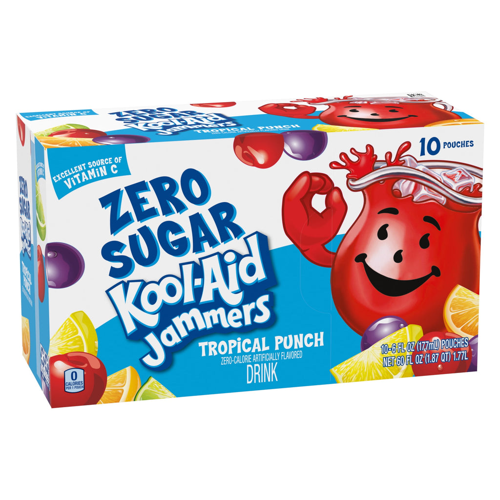 Kool-Aid Zero Sugar Jammers Artificially Flavored Drink, 10 Pouches, for School Lunches and On-the-Go Hydration, Tropical Punch Flavor, Zero Calories, 6 fl oz