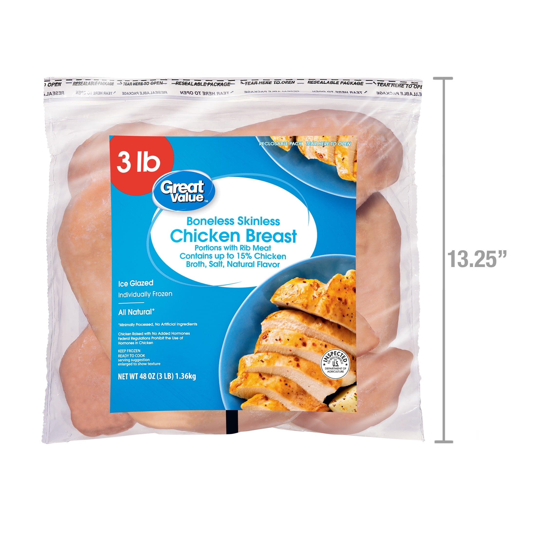 Great Value All Natural Boneless Skinless Chicken Breasts, 3 lb (Frozen)