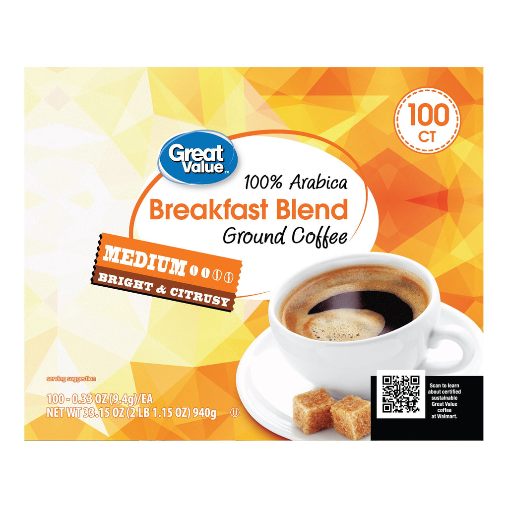 Great Value 100% Arabica Colombian Medium Dark Roast Ground Coffee Pods, 33.1 oz, 100 Count