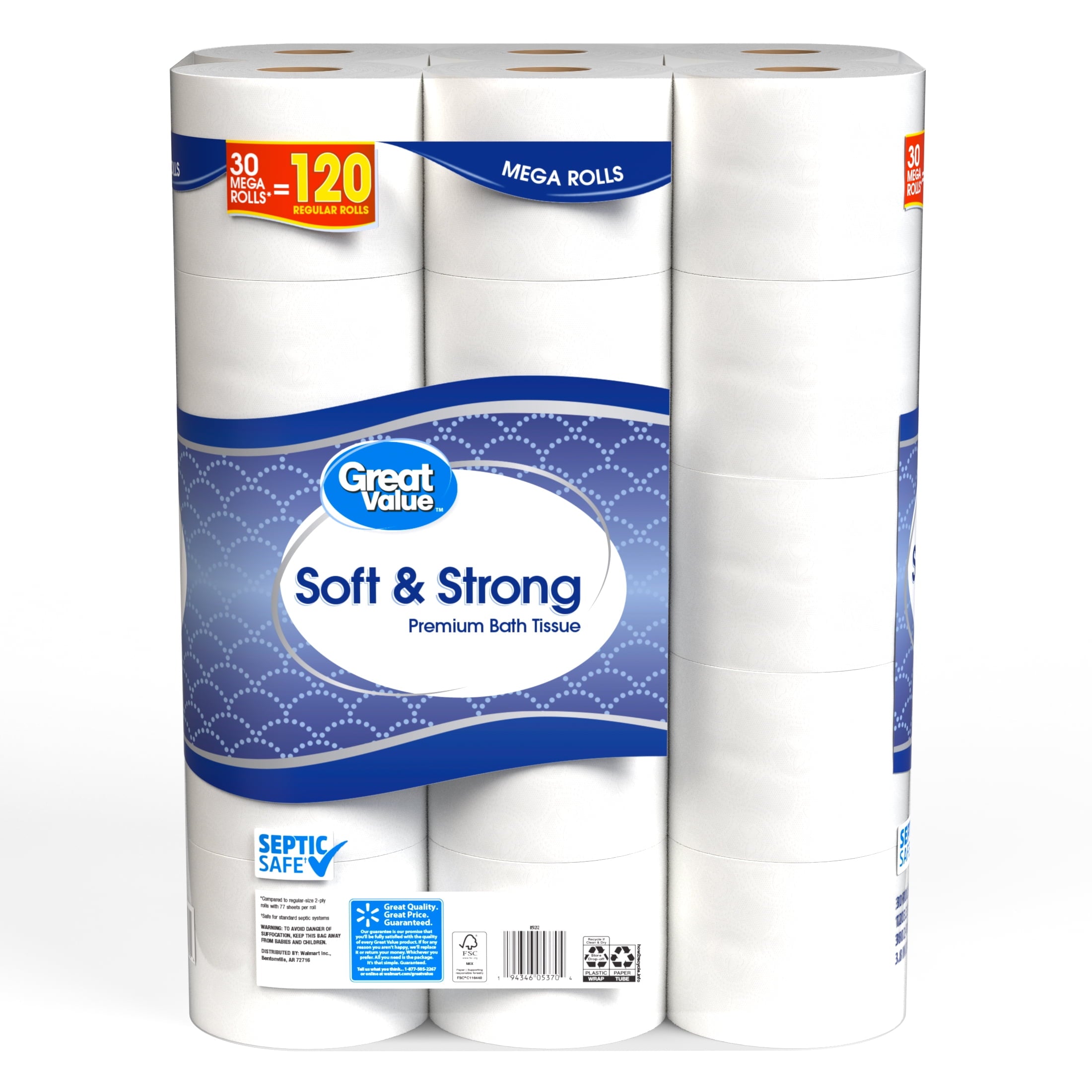 Great Value Soft & Strong Toilet Paper, 12 Mega Rolls, 380 Sheets per Roll