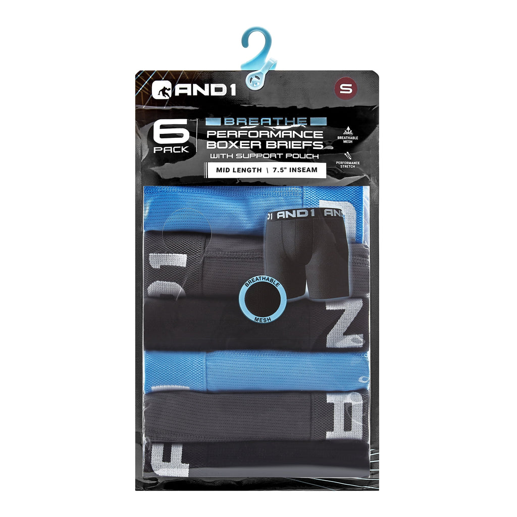 AND1 Men’s Underwear Breathe Performance Mid Length Boxer Briefs, 6 Pack