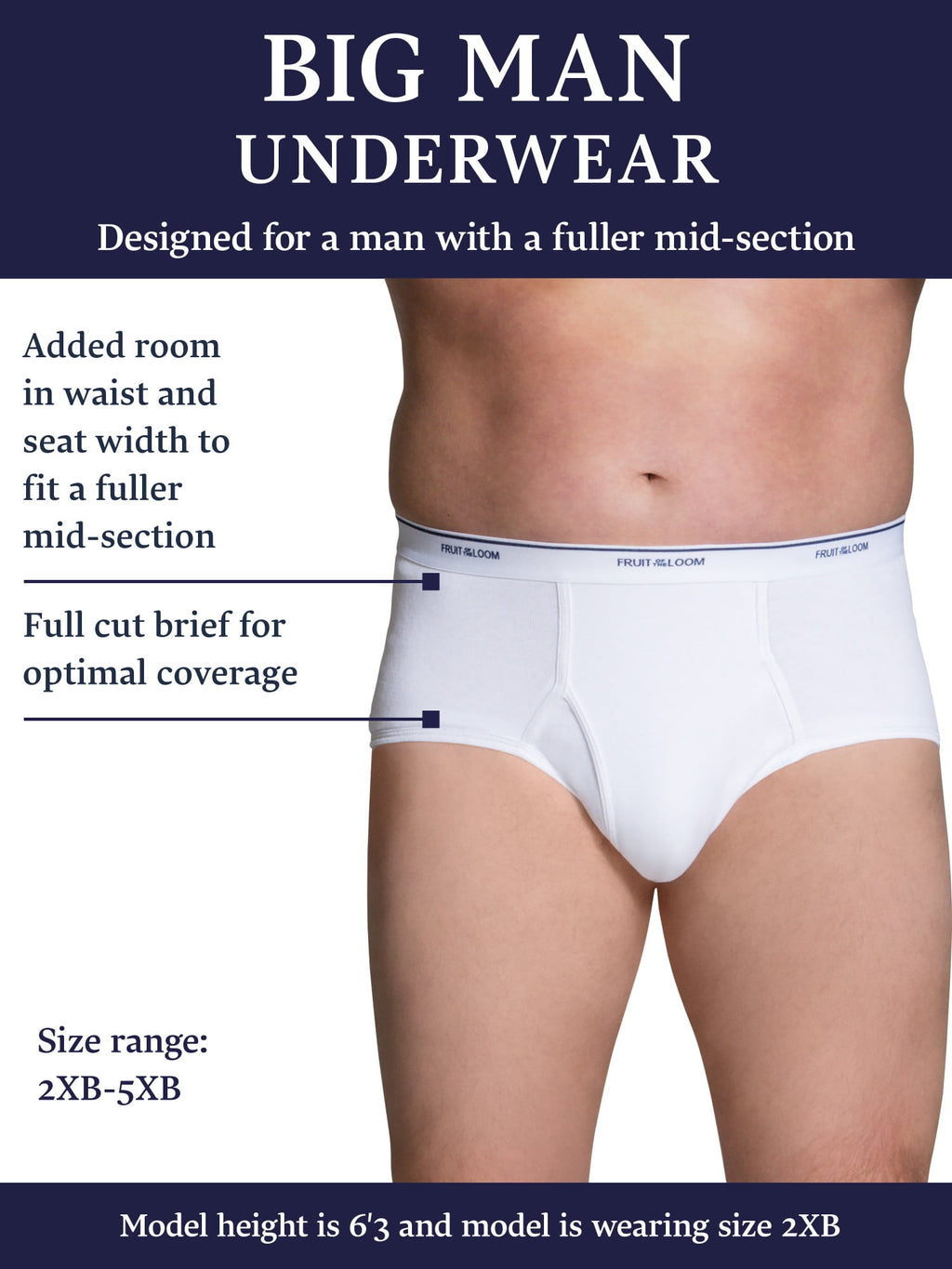 Fruit of the Loom Men's Cotton Briefs, Moisture-Wicking, Mid-Rise Fashion Brief Underwear, 6-Pack, S-5XB
