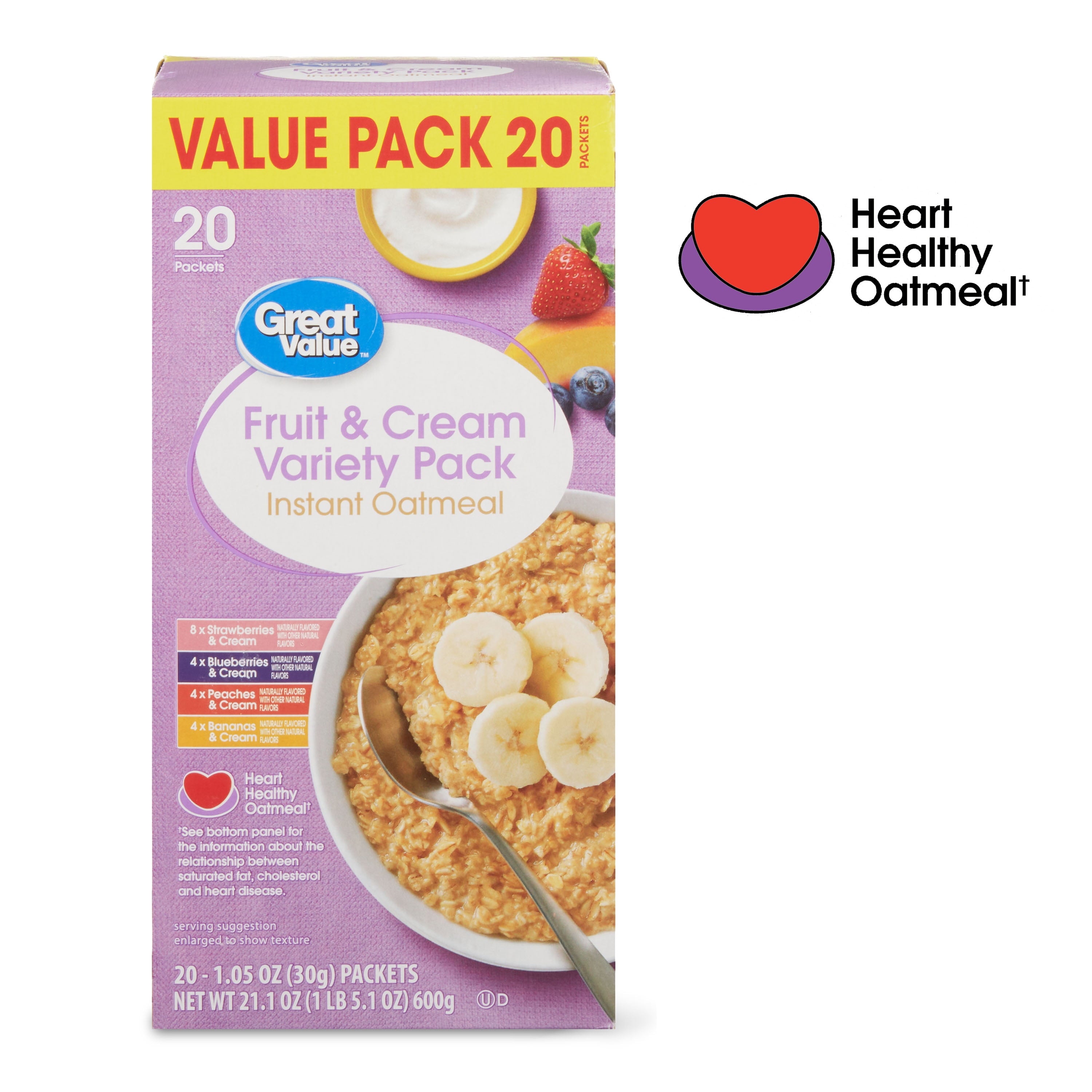 (4 pack) Great Value Fruit & Cream Instant Oatmeal Variety Pack, 1.05 oz, 20 Count