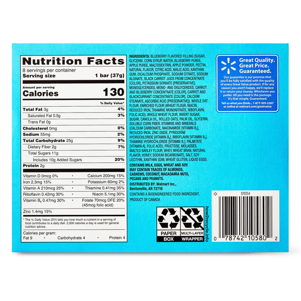 Great Value Fruit & Grain Cereal Bars, Blueberry, 1.3 oz, 8 Count